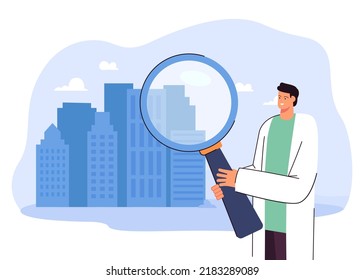 Man looking at building through magnifier. Person looking for apartment or house flat vector illustration. Real estate, investigation, research concept for banner, website design or landing web page