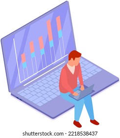 Man looking at business diagram on laptop screen. Guy points to bar chart report. Business statistics and data analysis concept. Businessman works with statistical indicators and new ideas creation