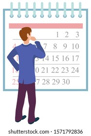 Man looking at calendar vector, businessman thinking on time management and deadlines of projects. Flat style character in business organization of work