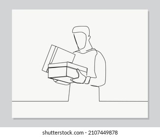 man looking at cardboard boxes in hoodie continuous one line illustration