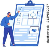 Man looking at checklist with results of social surveys, customer data. Person working with task done list and check mark ticks on paper sheet. Businessman checks correctness of document on clipboard