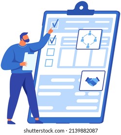 Man looking at checklist with results of social surveys, customer data. Person working with task done list and check mark ticks on paper sheet. Businessman checks correctness of document on clipboard