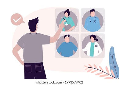 Man looking for and choosing suitable specialist. Portraits of different medical workers. Patient wants to make appointment with doctor. Concept of medicine, healthcare. Back view. Vector illustration