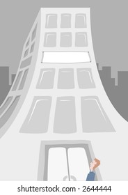Man looking up at city building