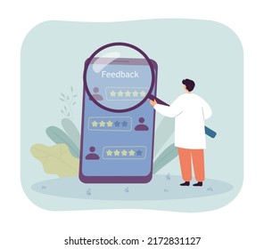 Man looking at clients review on phone screen through magnifier. Customer review rating flat vector illustration. Feedback, satisfaction, opinion concept for banner, website design or landing web page