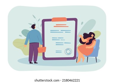 Man looking at clipboard with document flat vector illustration. Girl drawing up agreement or contract. Business, deal, paperwork concept for banner, website design or landing web page