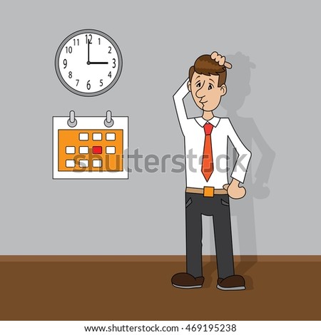 man looking at clock and calendar. vector illustration of cartoon