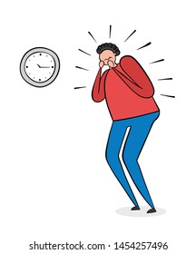 The man is looking at the clock and is very stressed, hand-drawn vector illustration. Black outlines and colore.