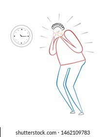 The man is looking at the clock and is very stressed, hand drawn vector illustration. Color outlines and white background.