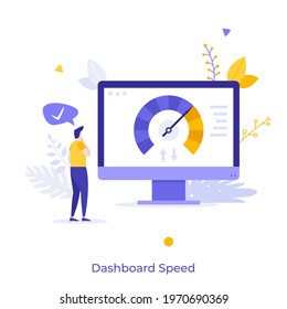 Man looking at computer display with scale on screen. Concept of online dashboard or tool with speed indicator, internet performance test. Modern flat colorful vector illustration for banner, poster.
