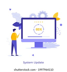 Mann, der einen Computer mit Fortschrittsbalken und Prozentanzeige auf dem Bildschirm betrachtet. Konzept der Systemaktualisierung, Software-Download, PC-Programminstallation. Moderne flache Vektorgrafik für Poster.