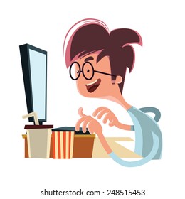 Man looking at computer vector illustration cartoon character