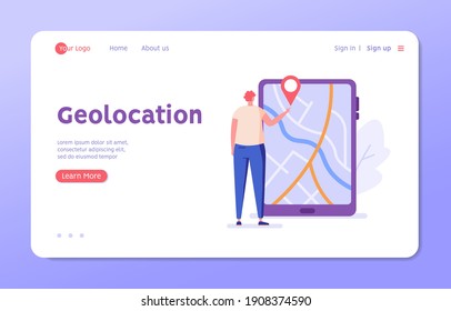 Man looking for the correct route in the app. Concept of geolocation, gps navigation, online map, gps pin, correct way. Vector illustration in flat design for mobile app, ui, web banner