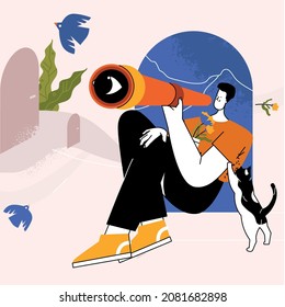 Man looking at crossroad, modern flat illustration for psychology guidance or career concept important key points in memory or searching and finding life path. Lost person stuck between two decisions