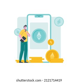 hombre buscando criptodivisa en el smartphone