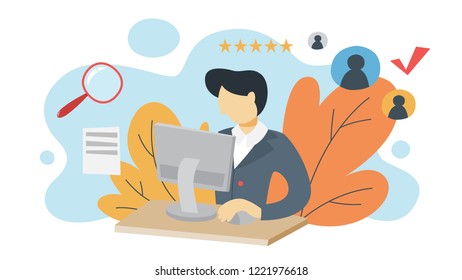 Man looking at CV profile and make examination. HR manager making resume examination on computer. Looking for job candidate to hire. Idea of recruitment. Vector illustration flat