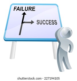 A man looking up at a direction road sign with the words success and failure on it