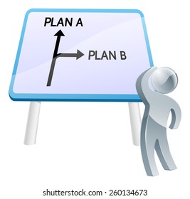 A man looking up at a direction road sign with the words plan a and plan b on it