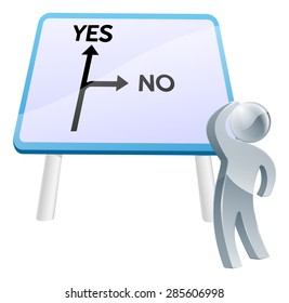 A man looking up at a direction road sign with the words yes and no on it