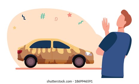 Man looking at dirty car. Driver and yellow muddy vehicle flat vector illustration. Transport, automobile care concept for banner, website design or landing web page