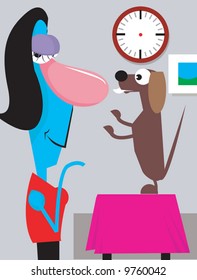 man looking at a dog standing on the table