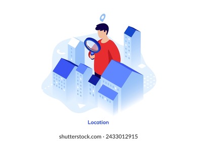 Man looking at dwelling houses through magnifying glass. Navigation in city. Location concept isometric vector illustration. Guy seeking apartment for rent cartoon character colour composition