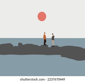 Man looking each other are chatting happily while standing on the beach in sunset. Enjoying beautiful sea view at seashore. Friendship, family, travel concept