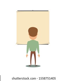 man is looking at the empty poster on wall - back view. Stock flat vector illustration.