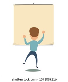 man is looking at the empty poster on wall - back view. Stock flat vector illustration.