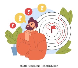 Man looking for exit. Young guy trying to solve puzzle. Businessman looking for way out of maze. Intellectual games and puzzles. Flat vector illustration isolated on white background