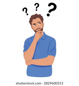 Man looking up with an expression of doubt and indecision vector illustration showing confusion uncertainty and thinking concept