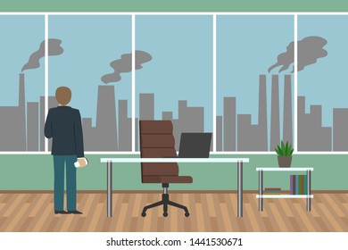 Man looking at factory from office window. Urban cityscape. Vector illustration.