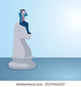 A man looking far ahead on a white knight. Illustration for business strategy, planning and analysis, business development.