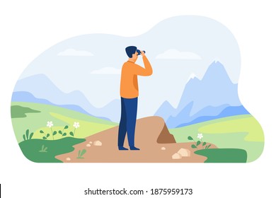 Man looking faraway through binoculars, admiring mature, exploring new goals and opportunities. Vector illustration for adventure, hiking, exploration, travel concept