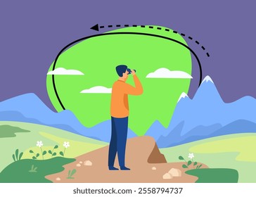 Man looking faraway through binoculars, admiring mature, exploring new goals and opportunities. Vector illustration for adventure, hiking, exploration, travel concept