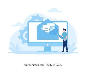 A man looking for a file with a magnifier on a computer screen trending concept flat illustration