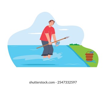 O homem está à procura de peixe para disparar com um pau, sobrevivência na floresta natural. Design de caracteres. Ilustração em plano vetorial