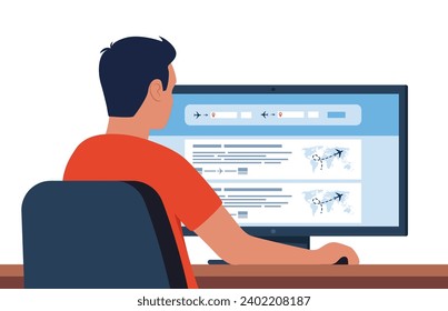 Man looking for a flight tickets. Flight search website on a computer screen. Avia sale web site aggregator for buying tickets online. Search bar and results, flight options. Vector illustration