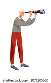 Man looking forward through telescope in future vector illustration. Cartoon curious young character watching target or direction of work, person in search of success and growth isolated on white