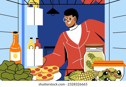 Man looking in fridge. Young guy with glasses chooses products. Guy bachelor opening refrigerator. Vegetables and canned food, ketchup and mustard. Cartoon flat vector illustration