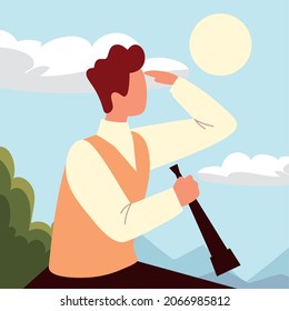 man looking a future with telescope