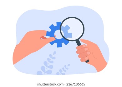 Hombre mirando la rueda de engranajes a través de la lupa. Persona que realiza la investigación de ilustración vectorial plana. Análisis de negocio, estudio, concepto de mecanismo para banner, diseño de sitio web o página web de inicio