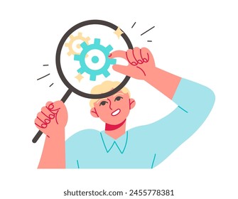 Hombre mirando la rueda de engranajes a través de la lupa.