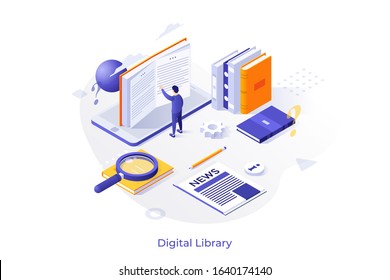 Man looking at giant book placed on smartphone screen. Concept of digital library, mobile application for reading, app for studying, learning, information search. Modern isometric vector illustration.