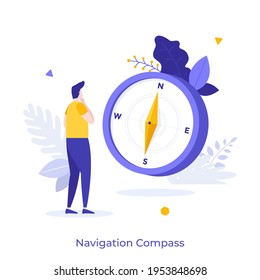 Man looking at giant compass. Concept of navigation, finding route, search for right direction of business development, tourism and travel. Modern flat colorful vector illustration for banner, poster.