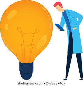Man looking giant light bulb concept innovation ideas. Scientist examining huge electric bulb research development. Professional lab coat analyzes illuminated idea symbol creativity technology