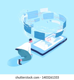 Man looking at giant smartphone and vortex of messages. Concept of information flow, internet communication via messenger, data transfer, online instant messaging. Modern flat vector illustration.