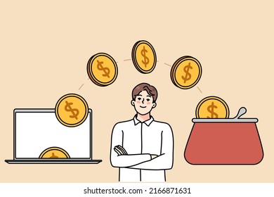 Man looking at golden coins flying from laptop to wallet. Concept of online income and banking. Easy internet bank account. E-commerce and finances. Vector illustration. 