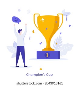 Man looking at golden goblet and celebrating victory. Concept of champions cup, winning business competition, winner's prize, successful leader. Modern flat colorful vector illustration for banner.