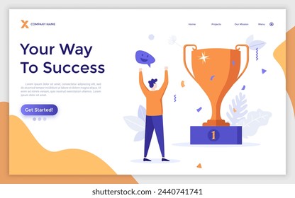 Man looking at golden goblet and celebrating victory.Concept of champions cup, winning business competition, winner's prize, successful leader.Modern flat colorful vector illustration for landing page